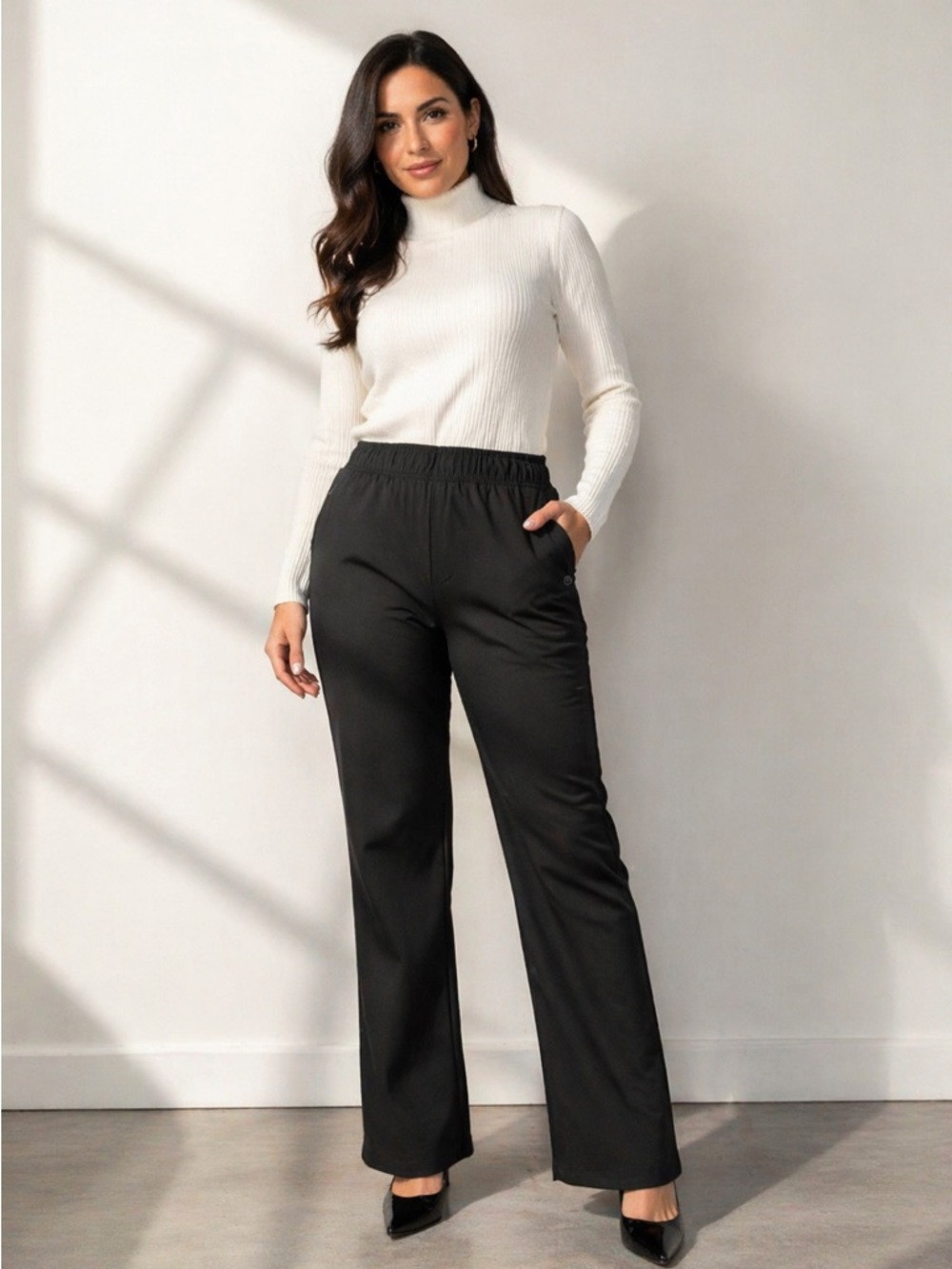 Galia WOMEN everyday Black Relaxed women  Pants with Elastic Waistband. Size L.